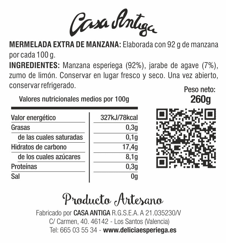 MERMELADA MANZANA ESPERIEGA CASA ANTIGA SIN AZUCAR